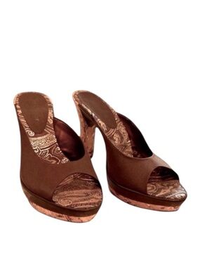 Nine West Brown Satin Open-Toe Cork Platform Mules Sandals Heels Sz 6